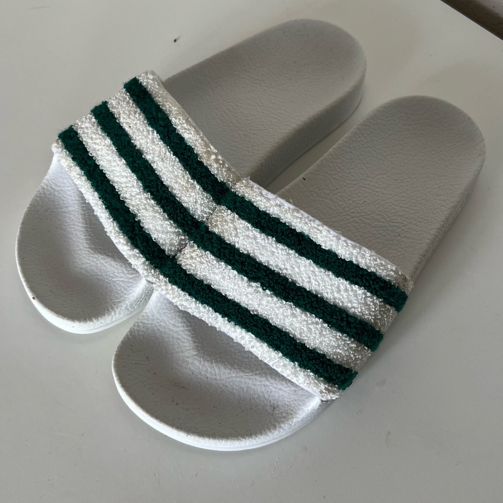 adidas 3 stripe green and white slides 5Y